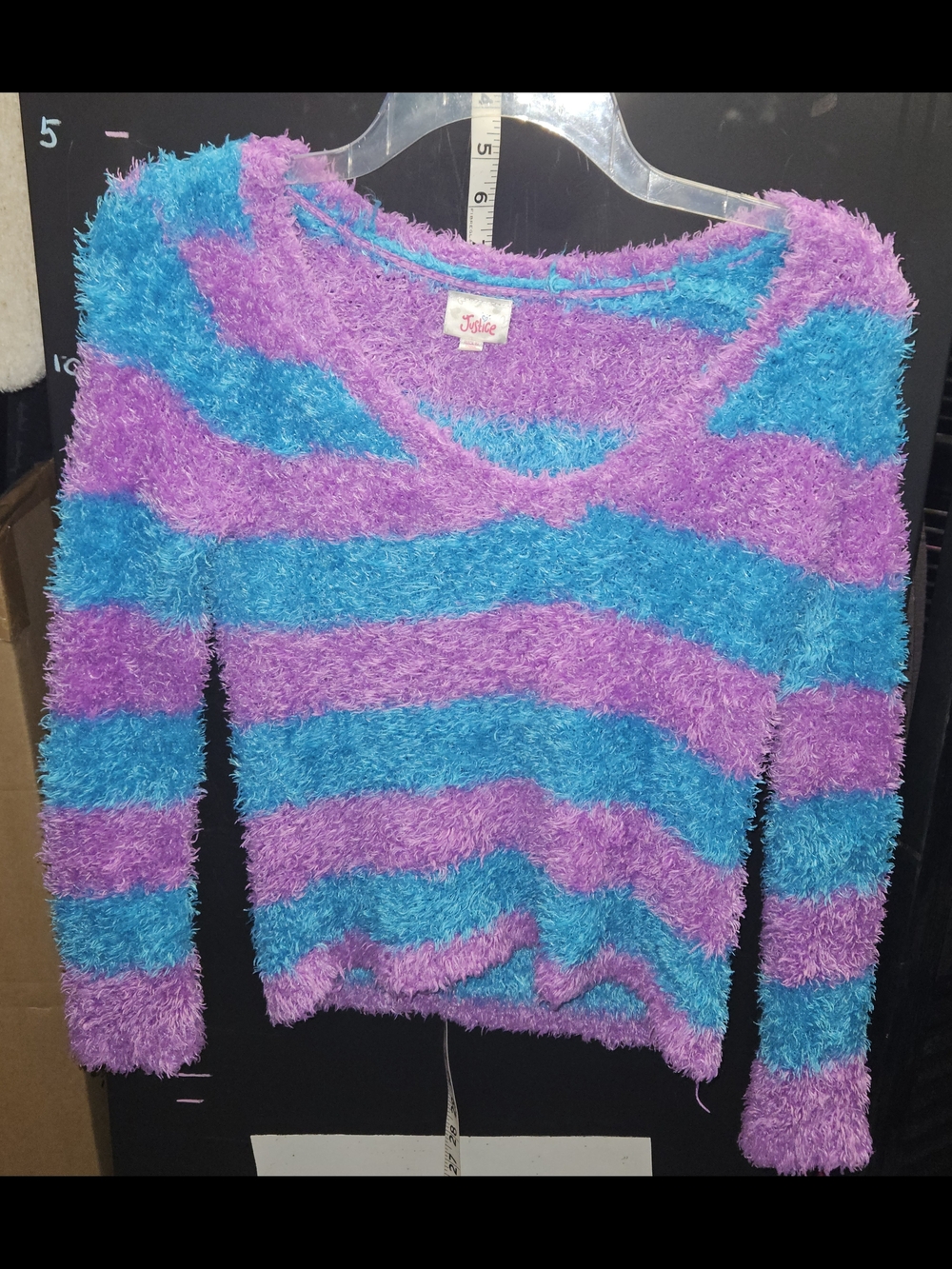 Justice Fuzzy Stripe Sweater in Purple & Teal Blue Size 12 Loose V Neck